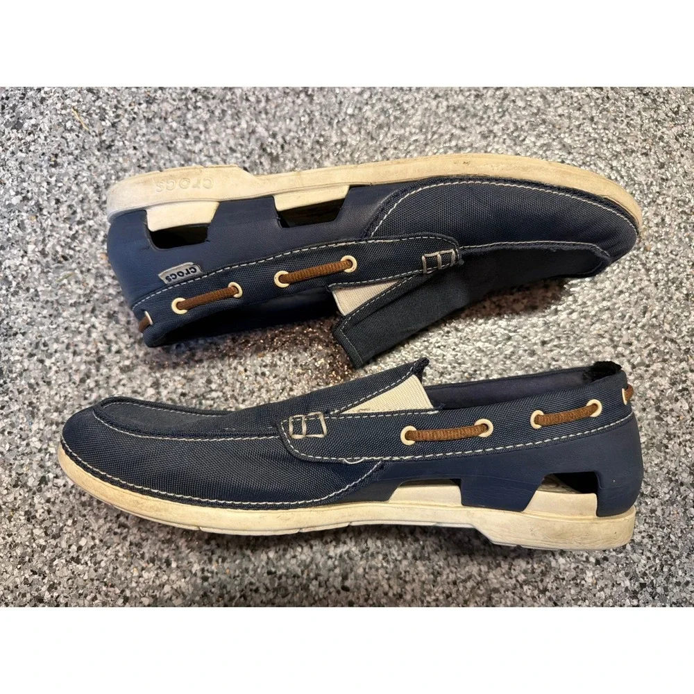 Crocs Men Navy Blue Canvas Boat Shoes Slip On Loafers Size 12 Nautical Casual